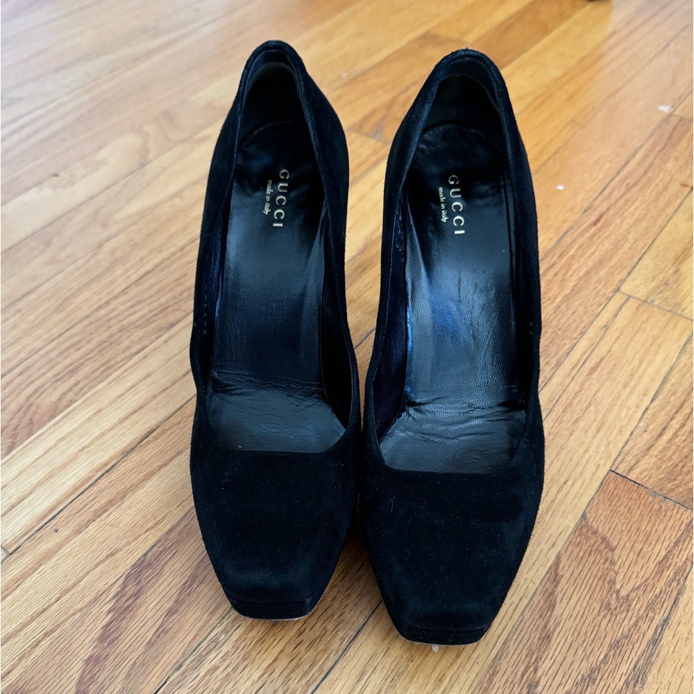 GUCCI heels black suede square toe platform stiletto pumps